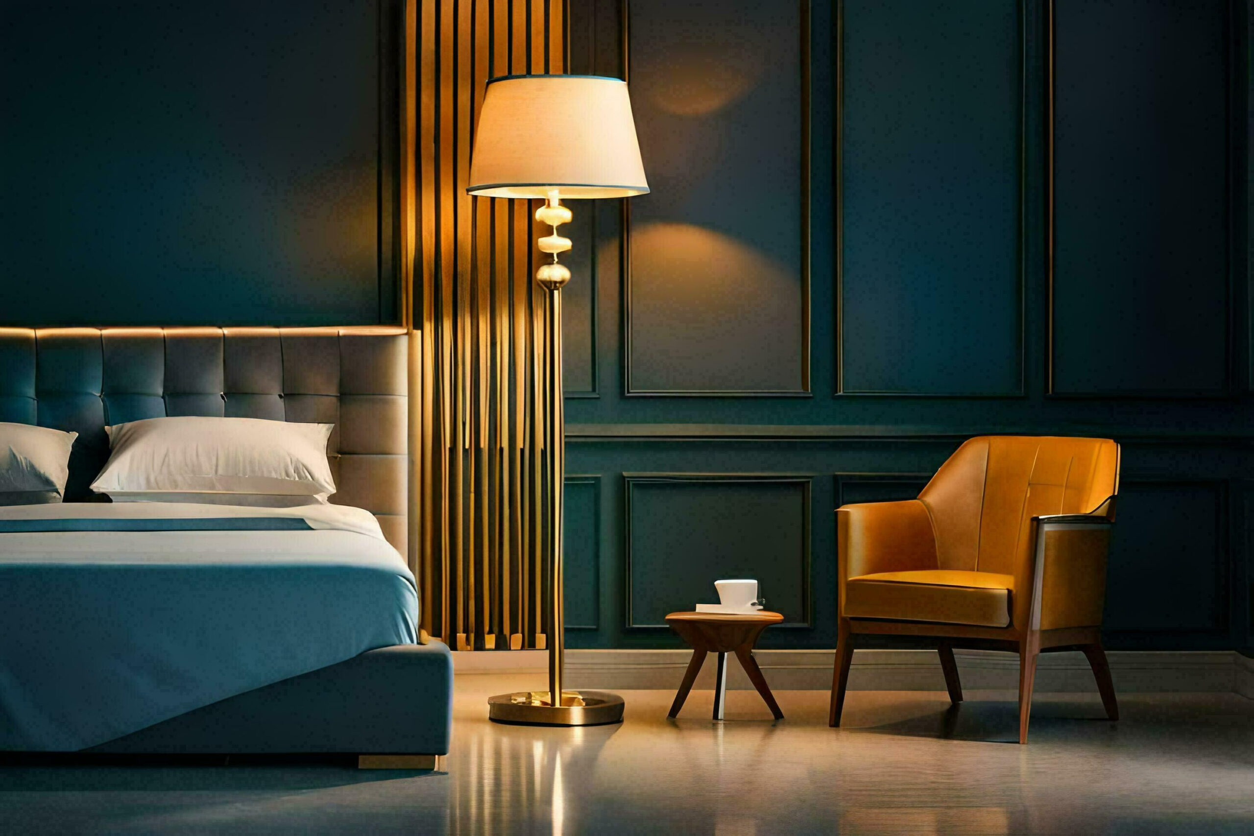 Ein Modern Schlafzimmer Mit Blau Wände Und Ein Gold Lampe. Ki in Schlafzimmer Blau Gold