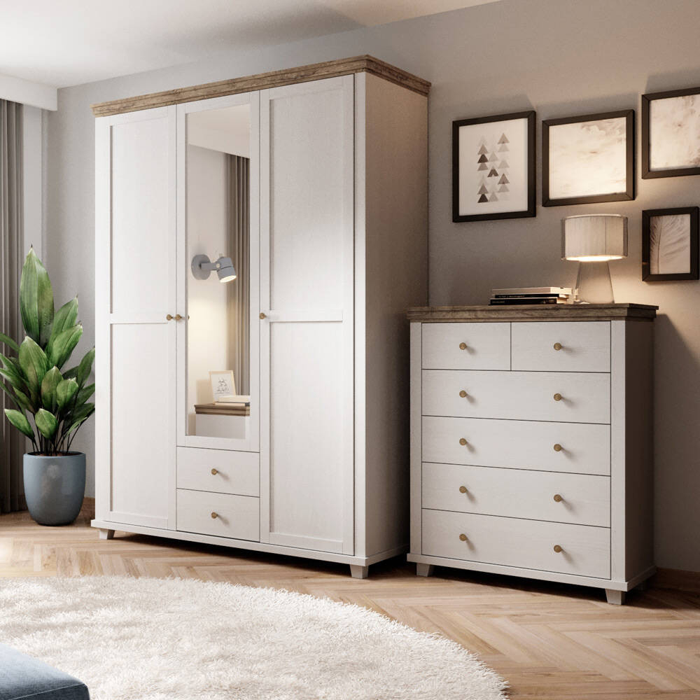 Kleiderschrank Mit Kommode Im Landhausstil Epsom-83 In Weiß Abisko Esche  Nb. Mit Lefkas Eiche Nb. with Highboard Für Schlafzimmer Mit Kleiderstange