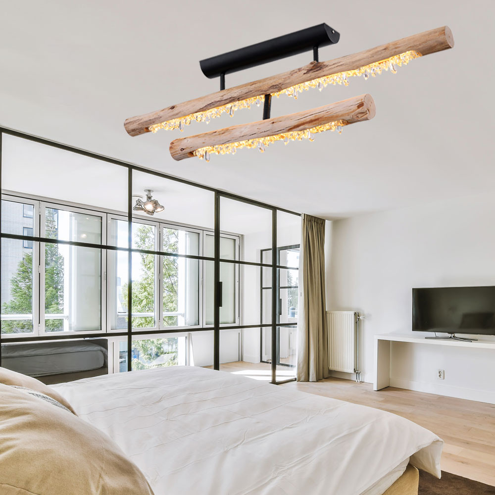 Led Deckenleuchte, Kristalle, Holz-Balken, Natur, L 80 Cm in Moderne Schlafzimmer Leuchten