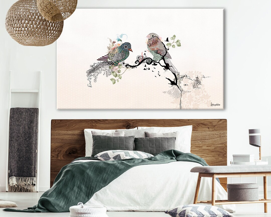 Liebe Vögel Groß Schlafzimmer Gemälde, Schlafzimmer Wand-Dekor, Original  Aquarell Malerei, Extra Großer Druck, Romantische Kunst, Schlafzimmer Wand within Vögel Im Schlafzimmer