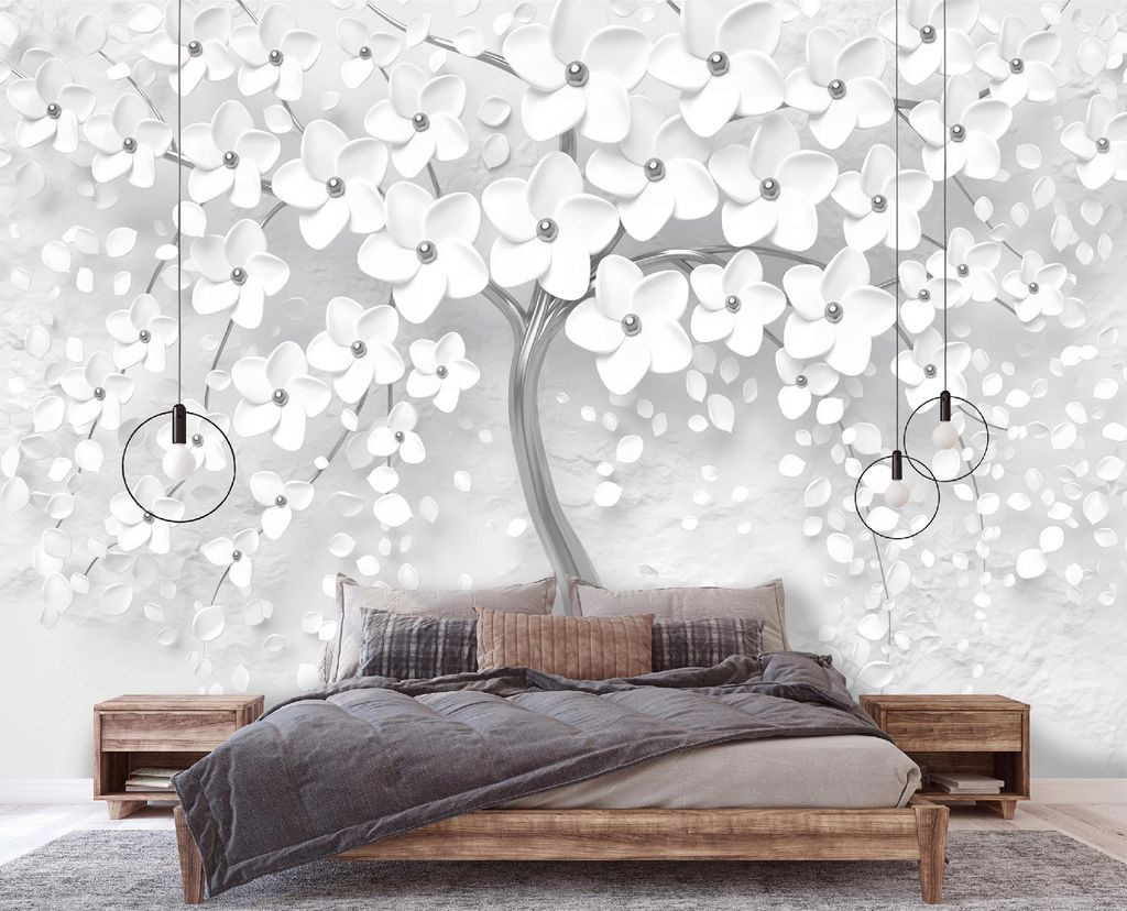 Vlies Fototapete 3D Abstrakt Magnolie (368X254 Cm - Inklusive Kleister)  Silber Blumen Baum Schlafzimmer Wandtapete Motivtapeten Tapete Uv-Beständig in 3 D 3D Tapete Schlafzimmer